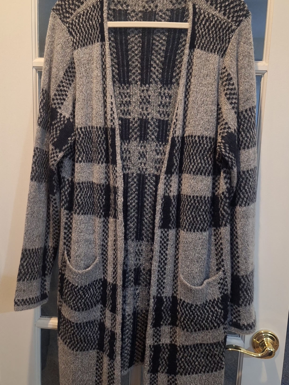 Apt. 9 Long Open-Front Plaid Cardigan - Black & Gray